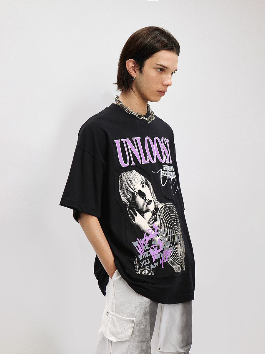 Liber Men's SS Hip-Hop Printed Round Neck Short Sleeve Loose T-Shirt