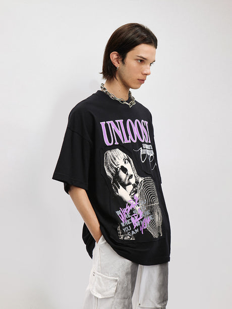 Liber Men's SS Hip-Hop Printed Round Neck Short Sleeve Loose T-Shirt