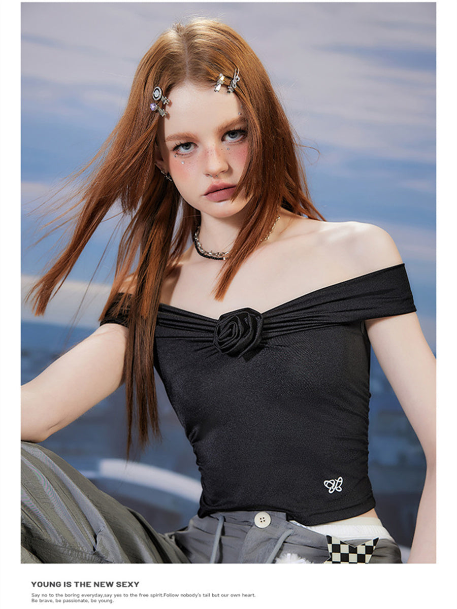 Liber Summer Women's Flower Design One-shoulder T-shirt