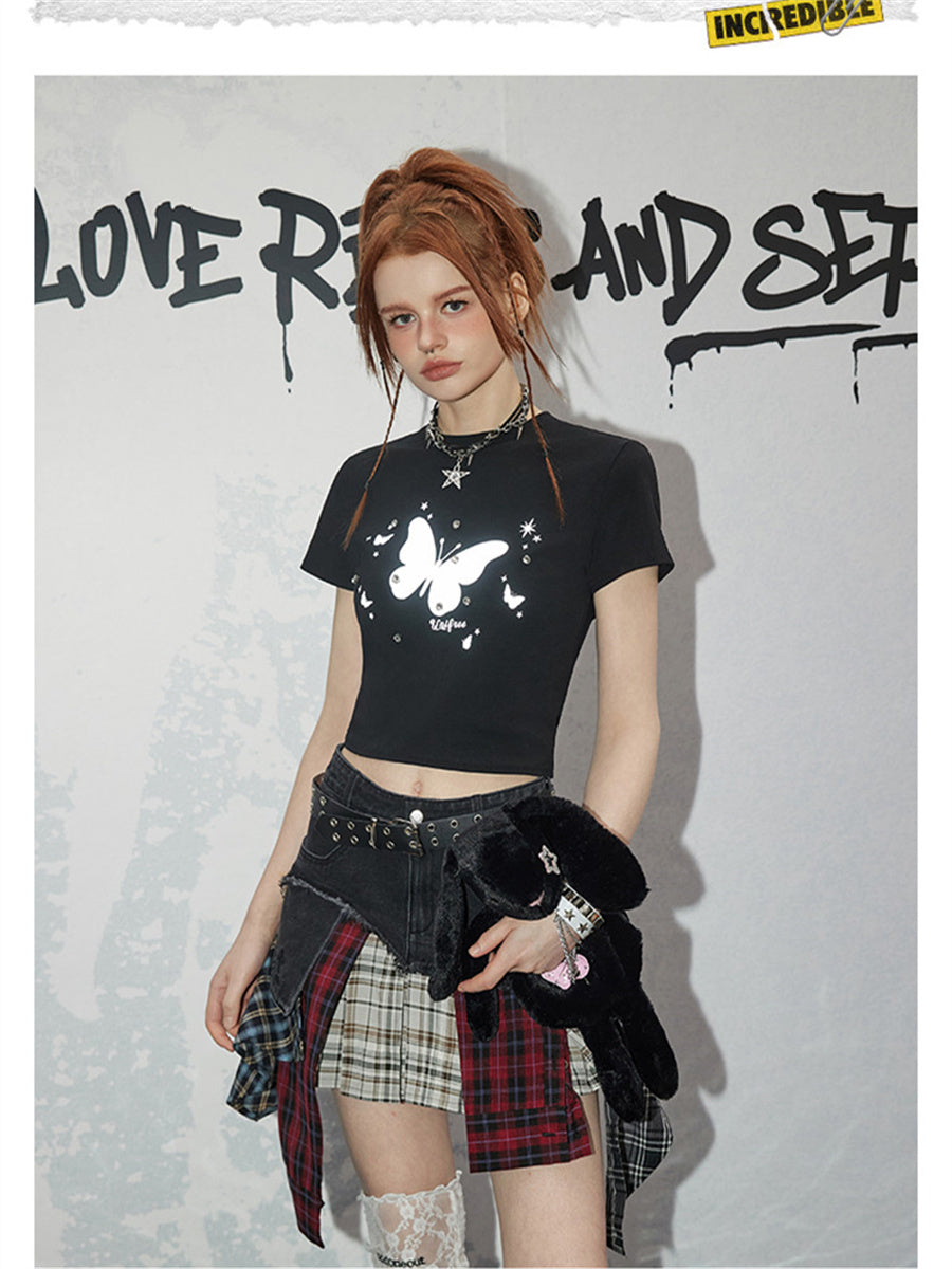 Liber Summer Women's Y2K Hot Girl Butterfly Round Neck T-Shirt