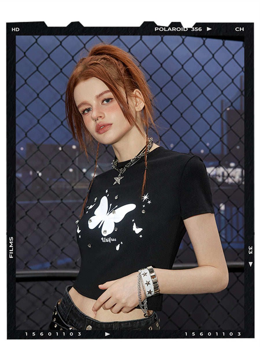 Liber Summer Women's Y2K Hot Girl Butterfly Round Neck T-Shirt