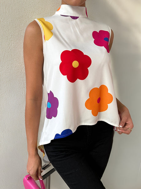 Liber Summer Women's Flower Print High collar sleeveless Blouse