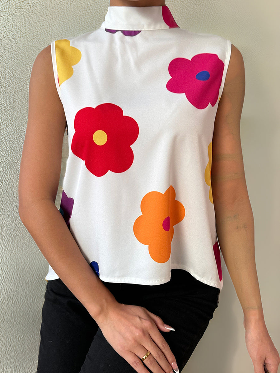 Liber Summer Women's Flower Print High collar sleeveless Blouse