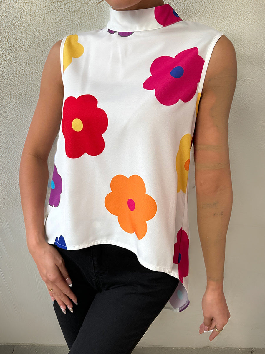 Liber Summer Women's Flower Print High collar sleeveless Blouse