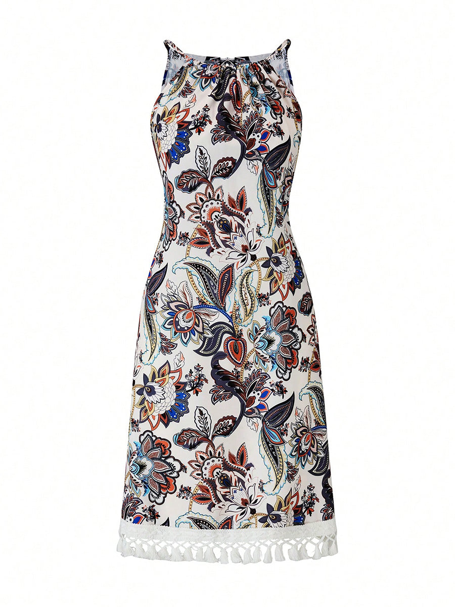 Liber Summer Women's Bohemian Print, Fringe High Neck Sleeveless Mini&Short Dresses