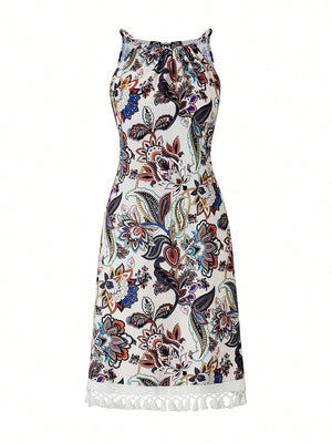 Liber Summer Women's Bohemian Print, Fringe High Neck Sleeveless Mini&Short Dresses