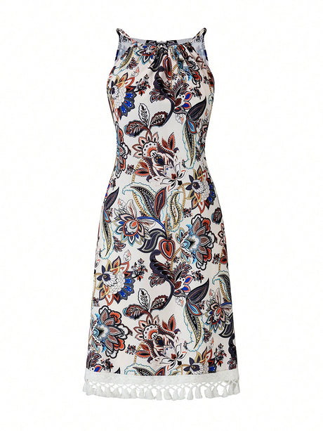 Liber Summer Women's Bohemian Print, Fringe High Neck Sleeveless Mini&Short Dresses