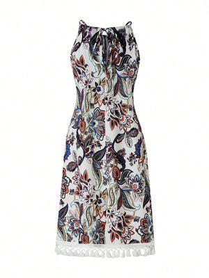 Liber Summer Women's Bohemian Print, Fringe High Neck Sleeveless Mini&Short Dresses