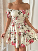 Liber Summer Women's Floral Puff Sleeve Off-sholder Mini Dress