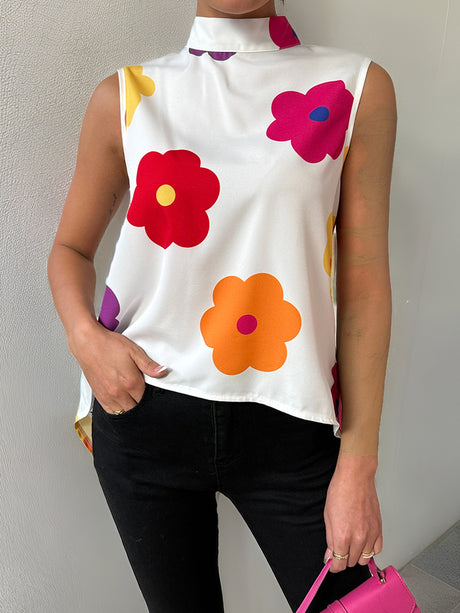 Liber Summer Women's Flower Print High collar sleeveless Blouse