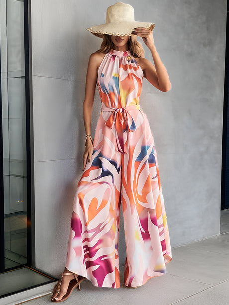 Liber Summer Women's Beach Print Turtleneck Sleeveless Jumpsuit