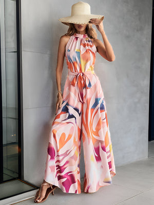 Liber Summer Women's Beach Print Turtleneck Sleeveless Jumpsuit