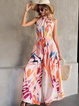 Liber Summer Women's Beach Print Turtleneck Sleeveless Jumpsuit