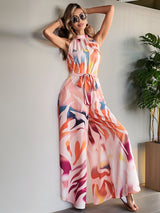 Liber Summer Women's Beach Print Turtleneck Sleeveless Jumpsuit