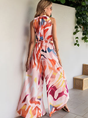 Liber Summer Women's Beach Print Turtleneck Sleeveless Jumpsuit