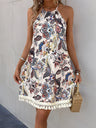 Liber Summer Women's Bohemian Print, Fringe High Neck Sleeveless Mini&Short Dresses