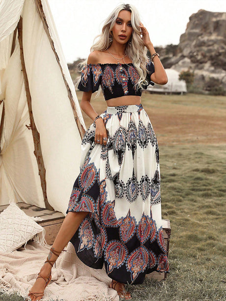 Liber summer women's Bohemian strap braided one-shoulder puff sleeve loose two-piece suit