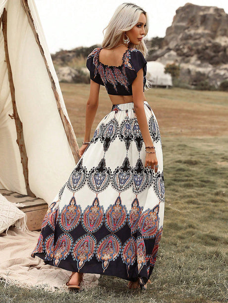 Liber summer women's Bohemian strap braided one-shoulder puff sleeve loose two-piece suit