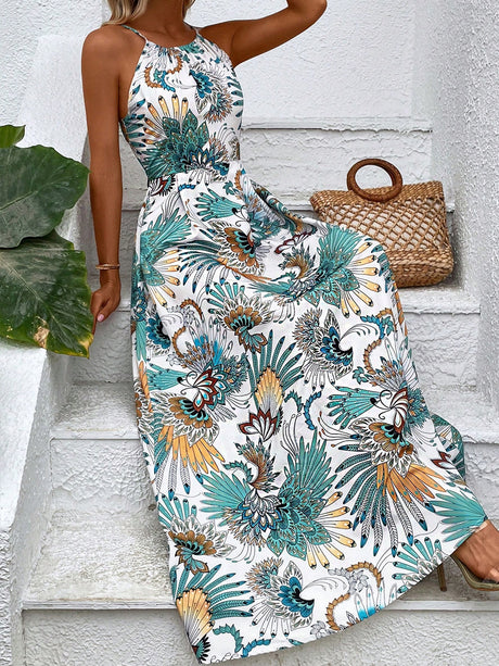 Liber Summer Women's Beach Print Tie Round Neck Sleeveless Loose Maxi Dress