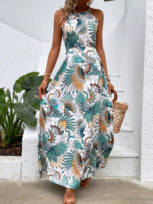 Liber Summer Women's Beach Print Tie Round Neck Sleeveless Loose Maxi Dress