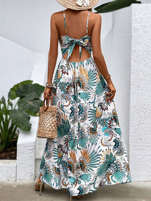 Liber Summer Women's Beach Print Tie Round Neck Sleeveless Loose Maxi Dress