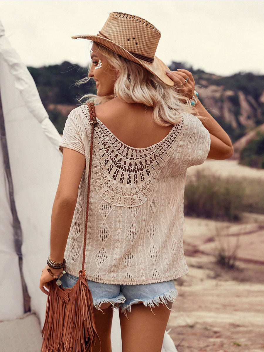 Liber Summer Women's Bohemian Jacquard V-neck Short Sleeve Loose T-shirt