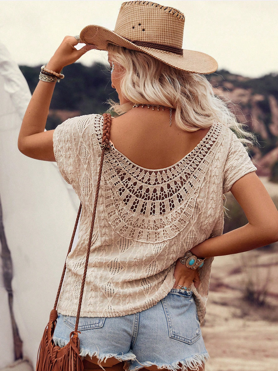 Liber Summer Women's Bohemian Jacquard V-neck Short Sleeve Loose T-shirt