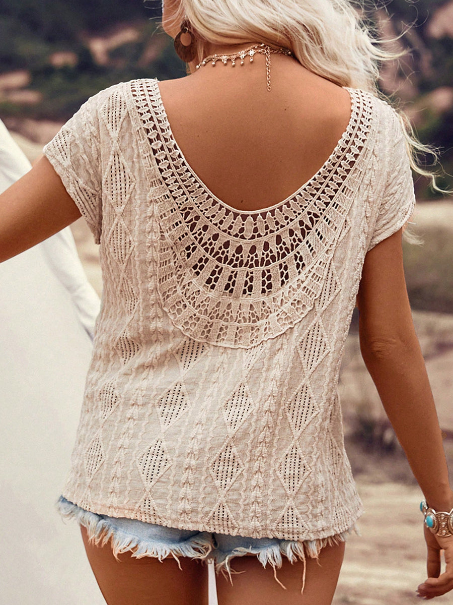 Liber Summer Women's Bohemian Jacquard V-neck Short Sleeve Loose T-shirt
