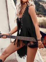 Liber Summer Women's Bohemian Solid Rivet Tassel Vest