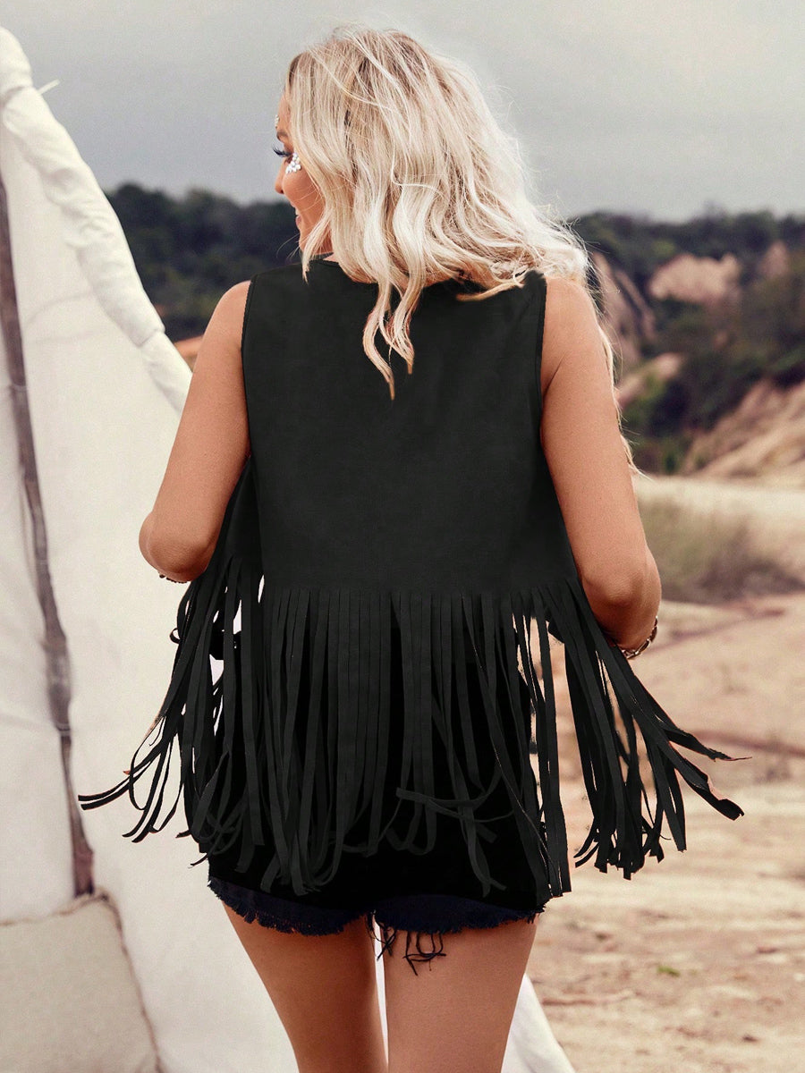 Liber Summer Women's Bohemian Solid Rivet Tassel Vest
