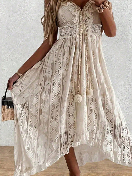 Liber Summer Women's Bohemian Printed Lace V-Neck Sleeveless Loose Maxi Dress