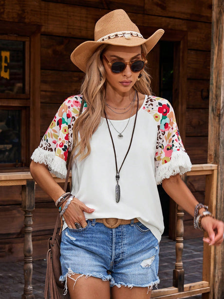 Liber Summer Women's Bohemian Printed Tassel T-Shirt
