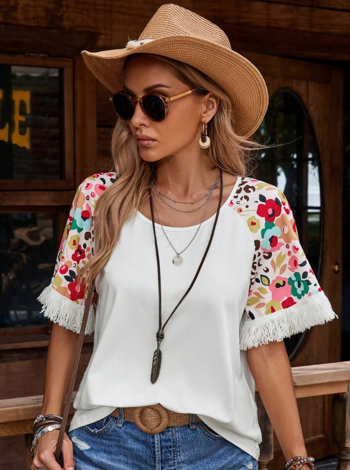 Liber Summer Women's Bohemian Printed Tassel T-Shirt