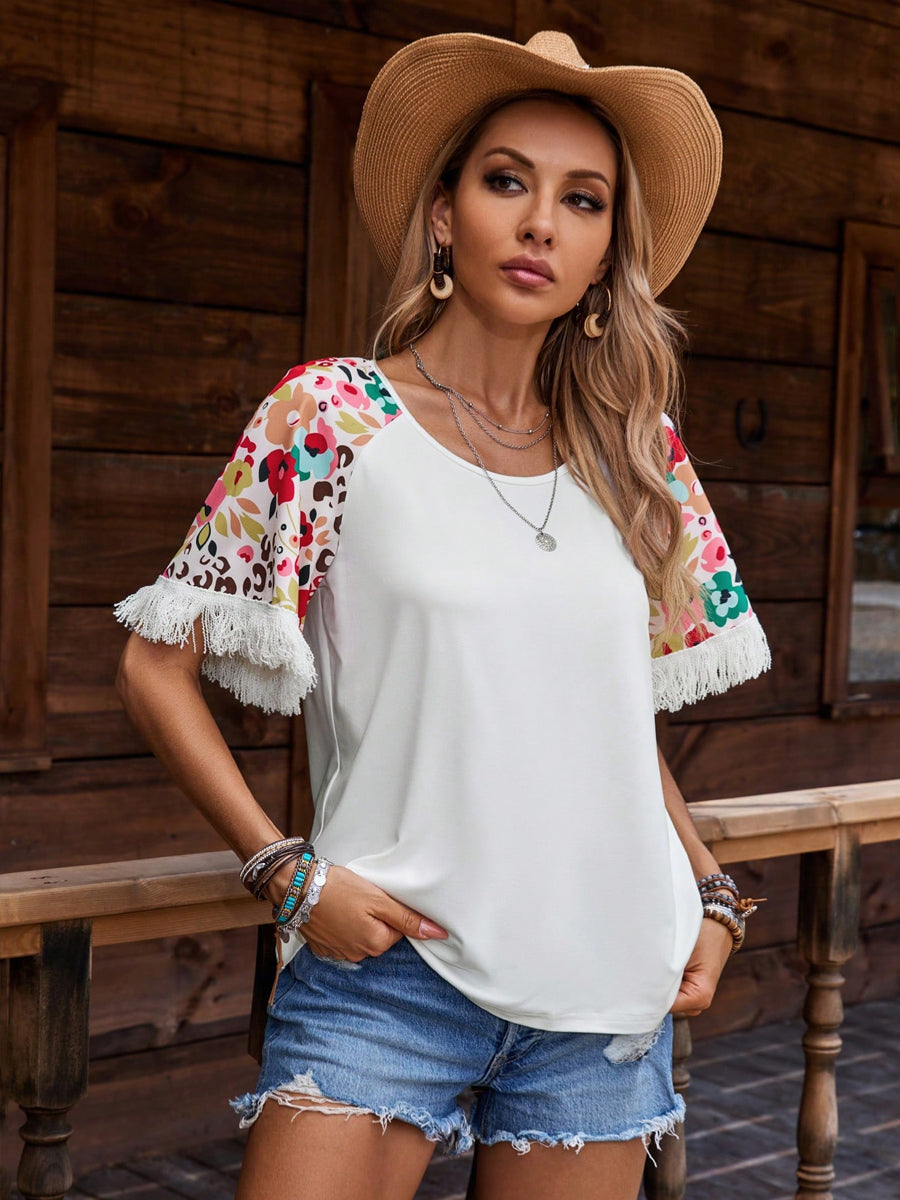 Liber Summer Women's Bohemian Printed Tassel T-Shirt