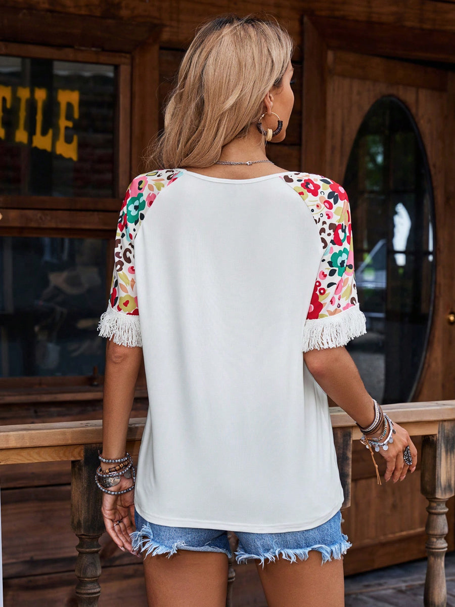 Liber Summer Women's Bohemian Printed Tassel T-Shirt