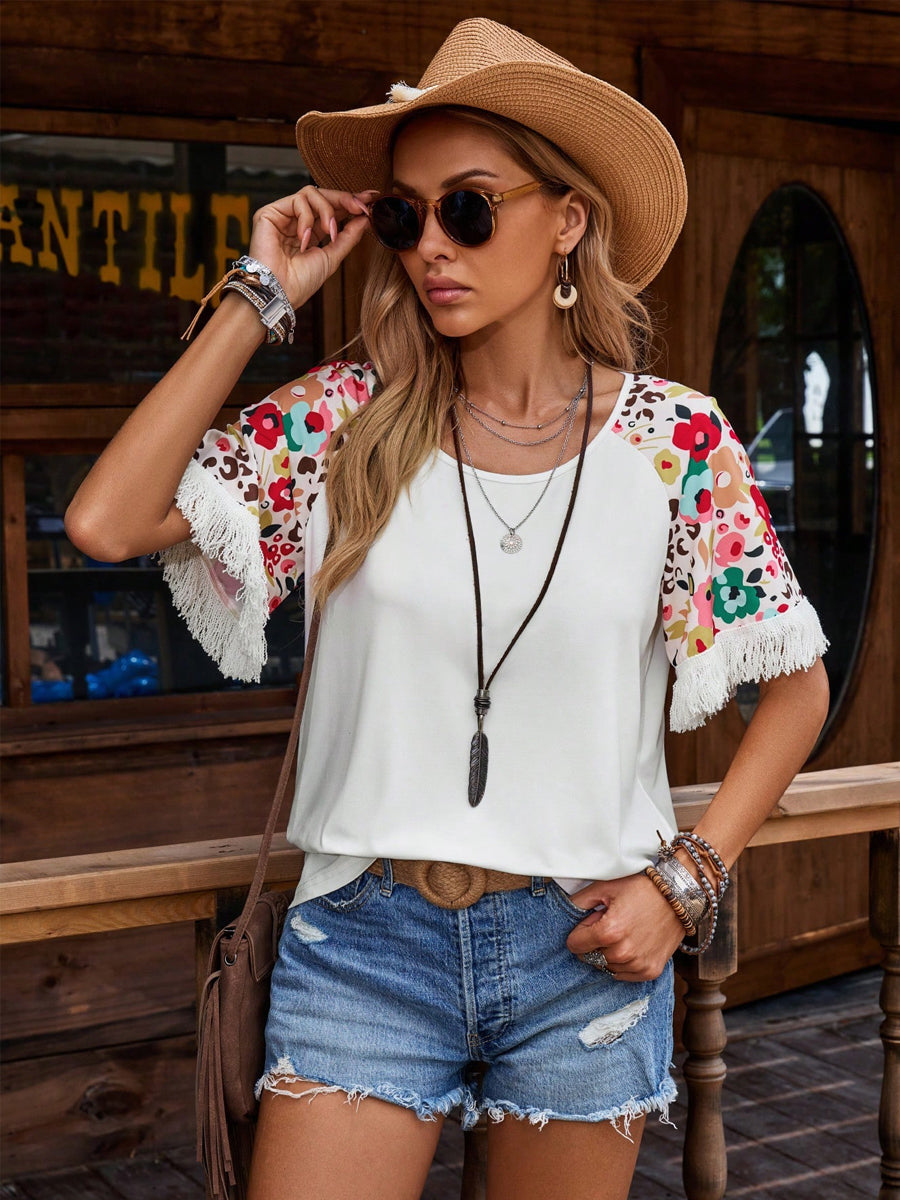 Liber Summer Women's Bohemian Printed Tassel T-Shirt