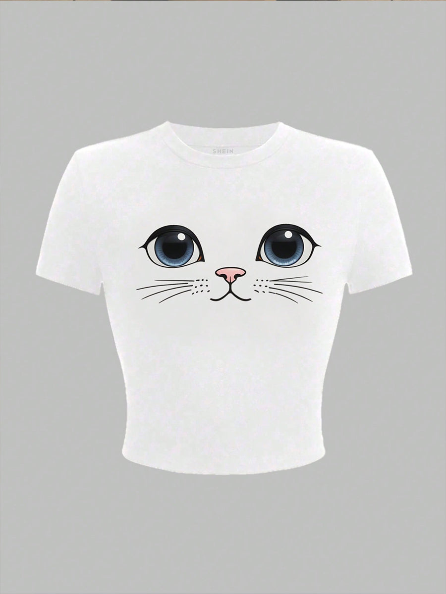Liber Summer Women's Y2K Hot Girl Print Round Neck Short Sleeve T-Shirt