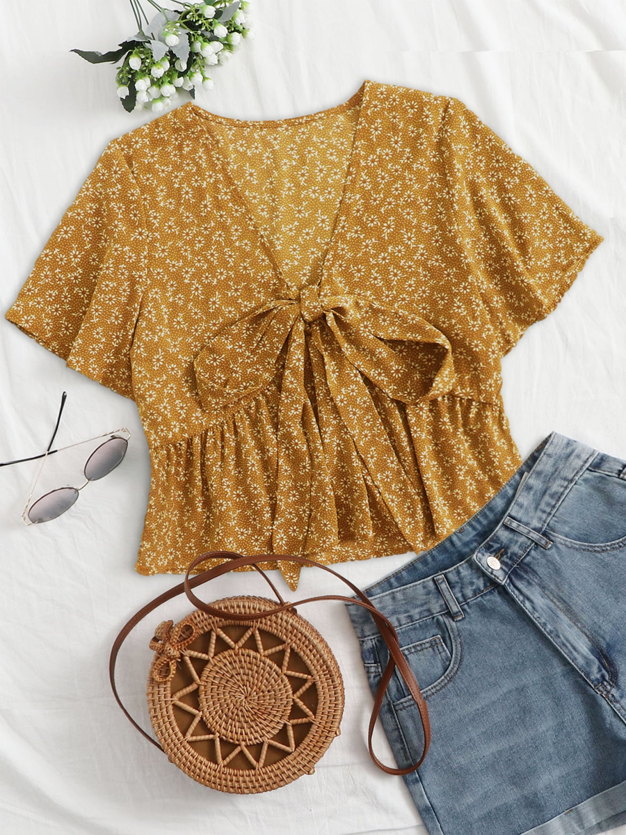 Liber Summer Women's Pastoral Print V-Neck Short Sleeve Blouse