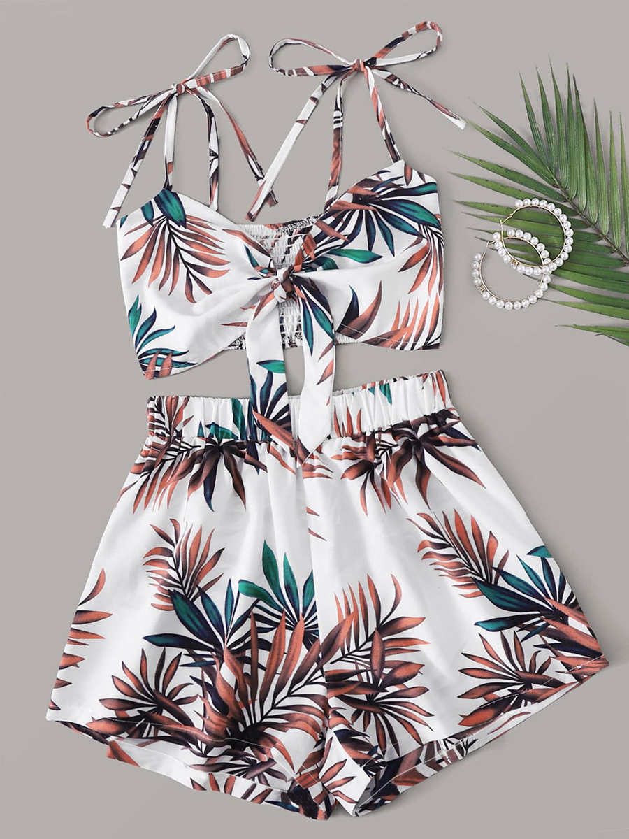 Liber Summer Women's Beach Print V-Neck Sleeveless Loose Two-Piece Suit