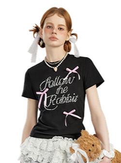 Liber Women's Summer Y2K Letter and Bow Tie Design T-Shirt