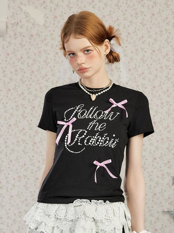 Liber Women's Summer Y2K Letter and Bow Tie Design T-Shirt