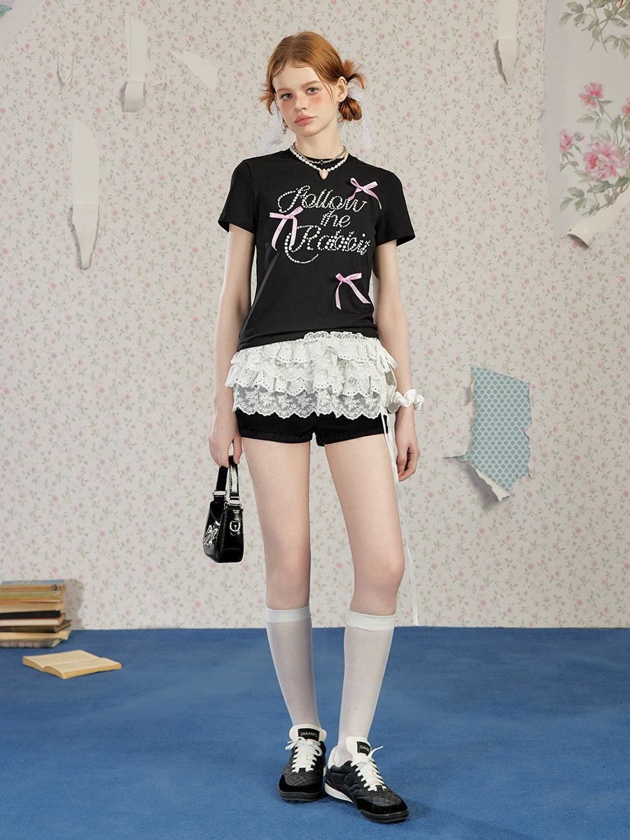 Liber Women's Summer Y2K Letter and Bow Tie Design T-Shirt