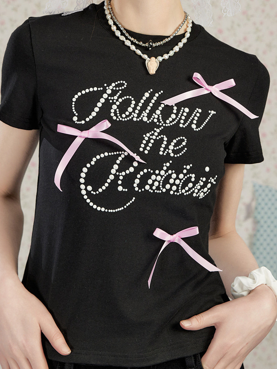 Liber Women's Summer Y2K Letter and Bow Tie Design T-Shirt