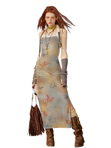 Liber Women's Summer Y2K Butterfly Printed Strapped Maxi Dresses