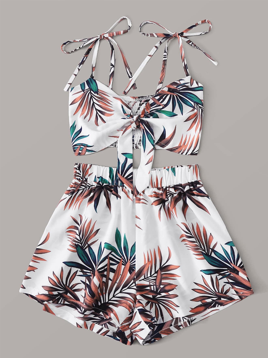 Liber Summer Women's Beach Print V-Neck Sleeveless Loose Two-Piece Suit