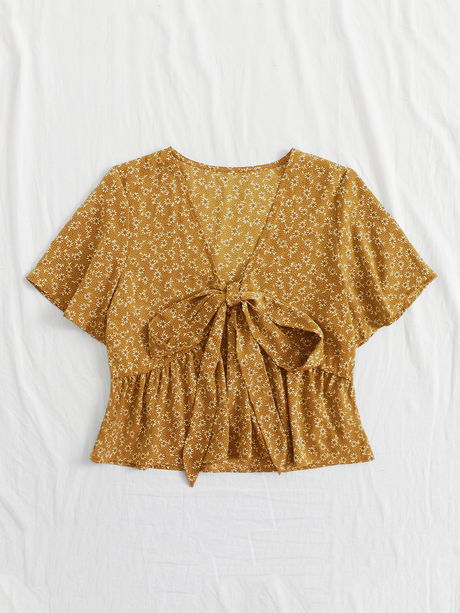 Liber Summer Women's Pastoral Print V-Neck Short Sleeve Blouse