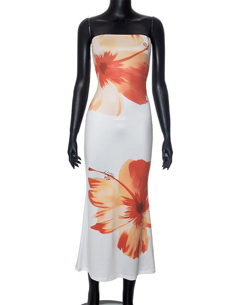 Liber Women's Summer Vacation Print Strapless Maxi Dress
