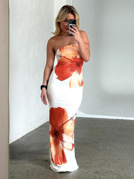 Liber Women's Summer Vacation Print Strapless Maxi Dress