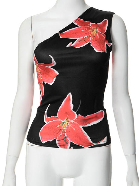 Liber Women's Summer Y2K Hot Girl Print Slant Collar Tank Top
