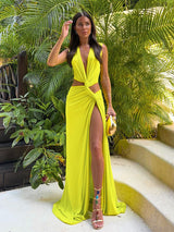 Liber Women's Summer Beach Solid Side Slit Maxi Dress